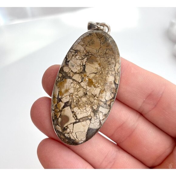 Maligano Jasper Oval Shaped Large Sterling Silver 925 Vintage Statement Pendant - Picture 1 of 10